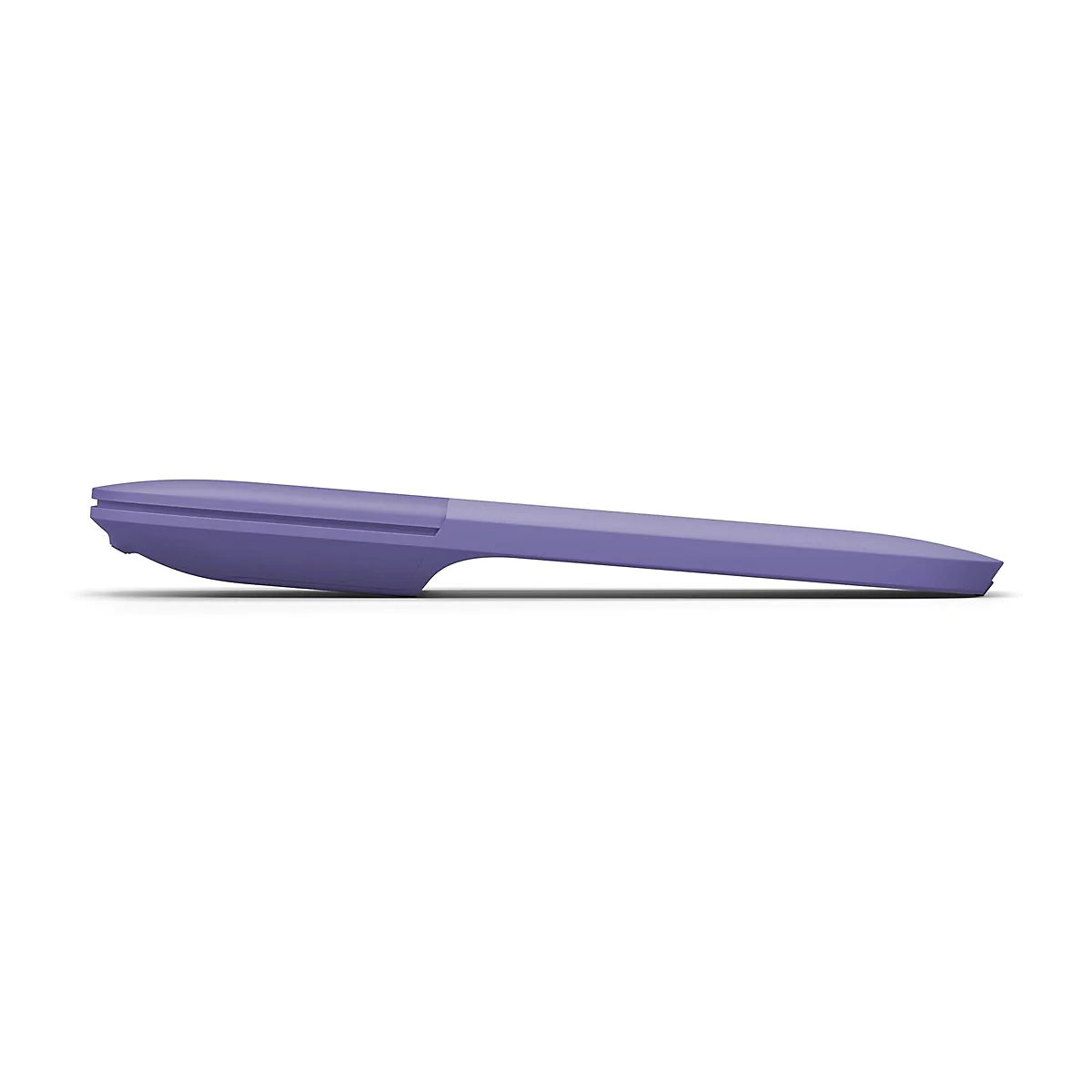 Vue latérale d'une souris d'ordinateur ergonomique lilas sur fond blanc.