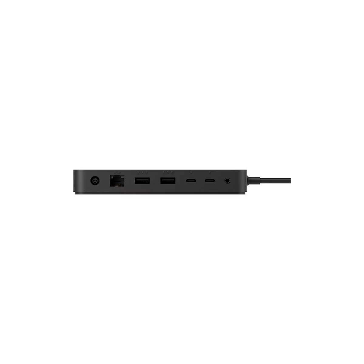 Schwarze Dockingstation mit mehreren AnschlÃ¼ssen, darunter USB, HDMI und Ethernet. Das Kabel ist rechts angeschlossen.