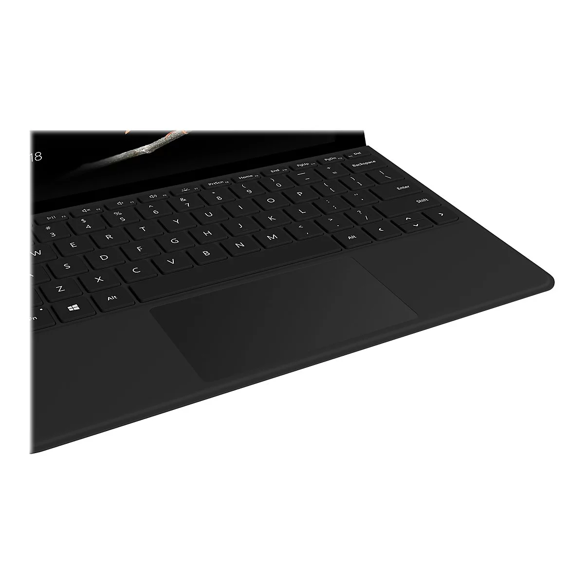 Clavier d'ordinateur portable noir, vu légèrement d'en haut. Lettrage des touches en blanc. Écran partiellement ouvert avec une branche.