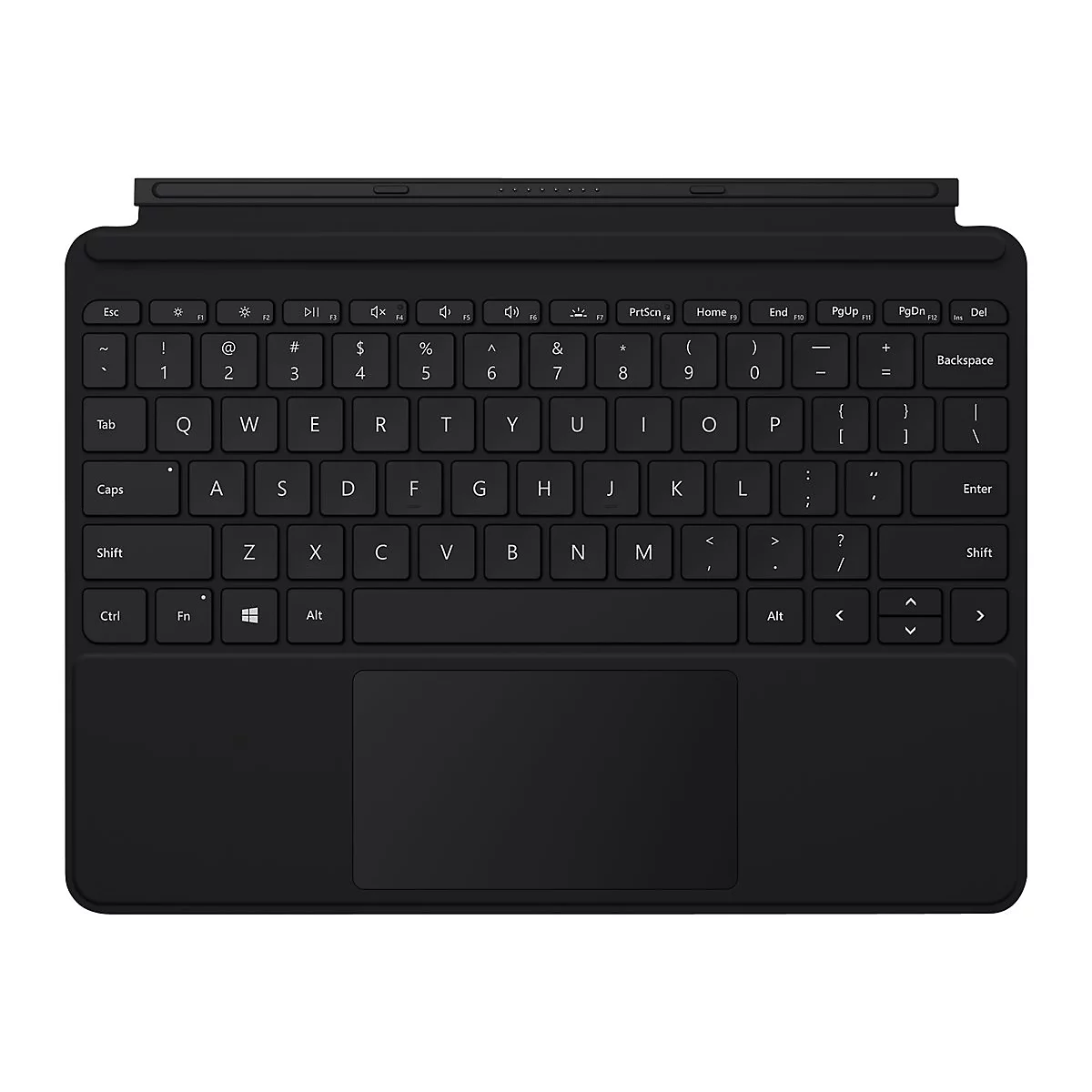 Schwarze Tastatur mit Tasten, Touchpad. Oben ist eine Halterung für ein Tablet.