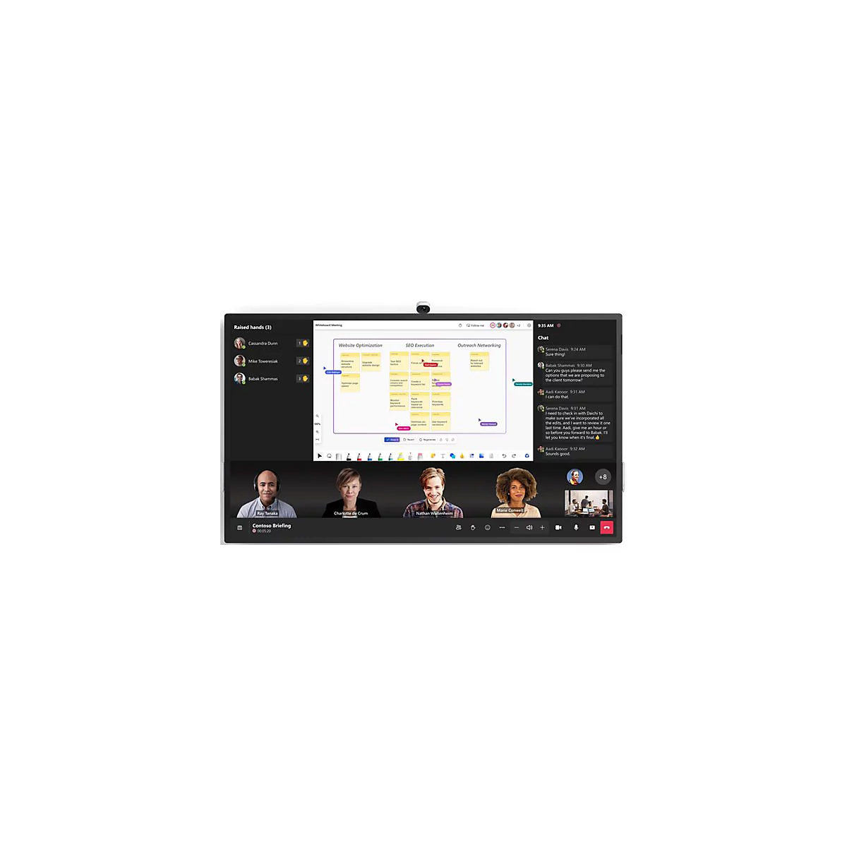 Digitales Whiteboard zeigt eine Videokonferenz mit interaktivem Brainstorming und Chat-Fenster.