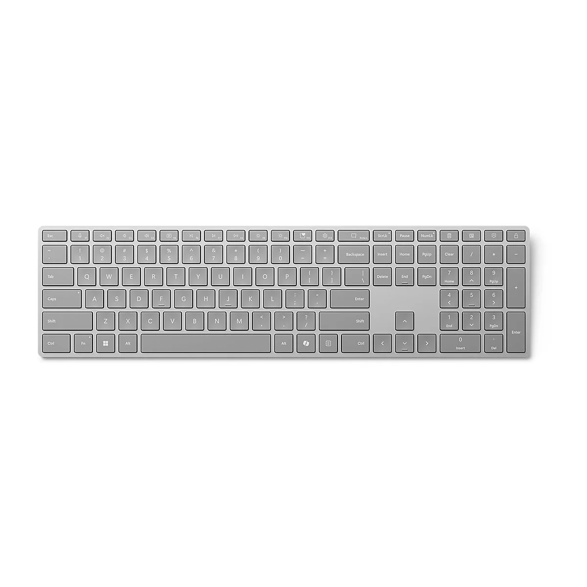 Silberfarbene, flache QWERTZ-Tastatur mit integriertem Ziffernblock auf weißem Hintergrund.
