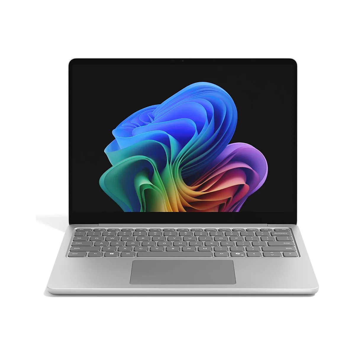 Ein silberfarbenes Laptop-Design, der Bildschirm zeigt bunte, geschwungene Formen. Die Tastatur ist deutlich zu sehen.