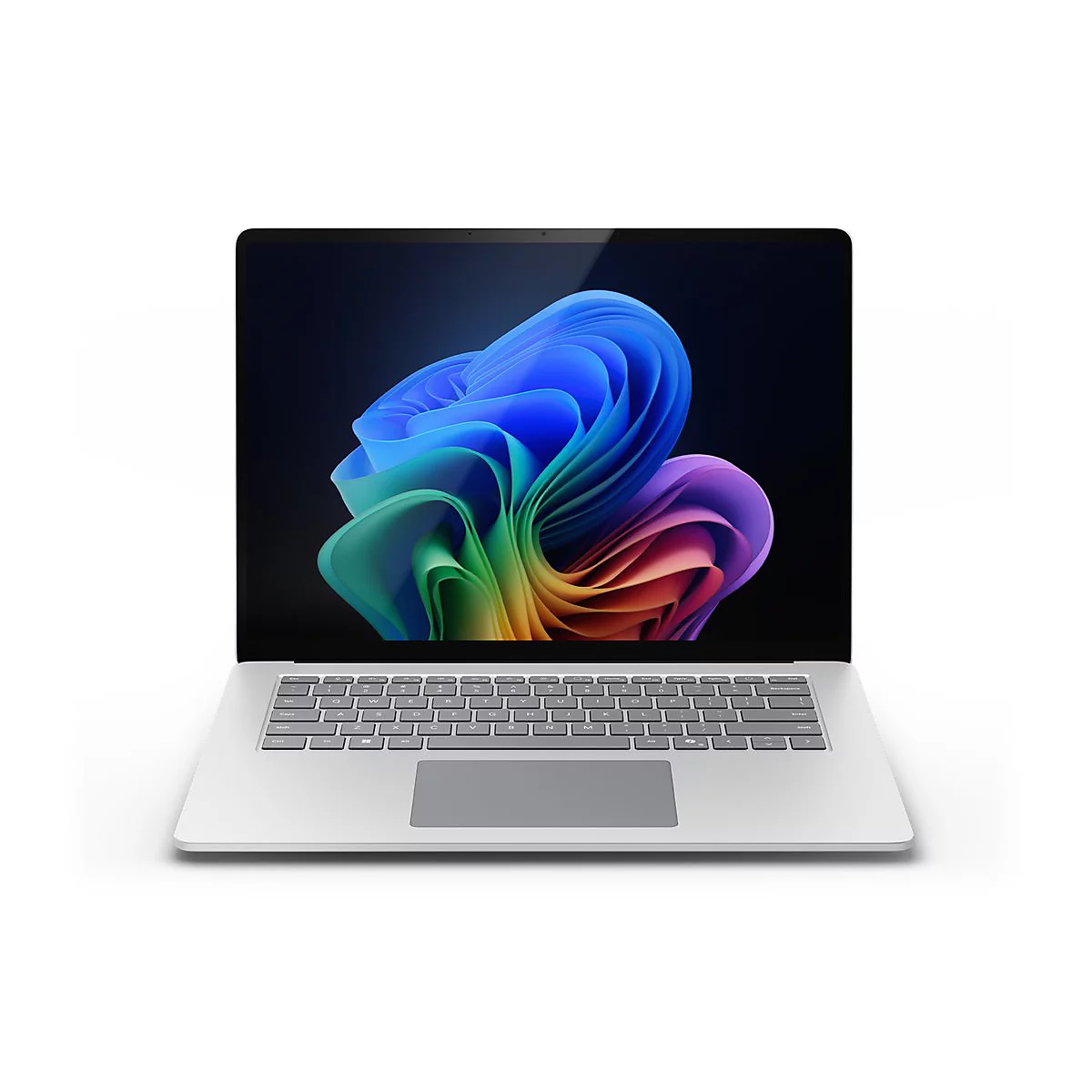 Ein silberner Laptop mit geÃ¶ffnetem Bildschirm, auf dem ein farbenfrohes, abstraktes Design gezeigt wird.