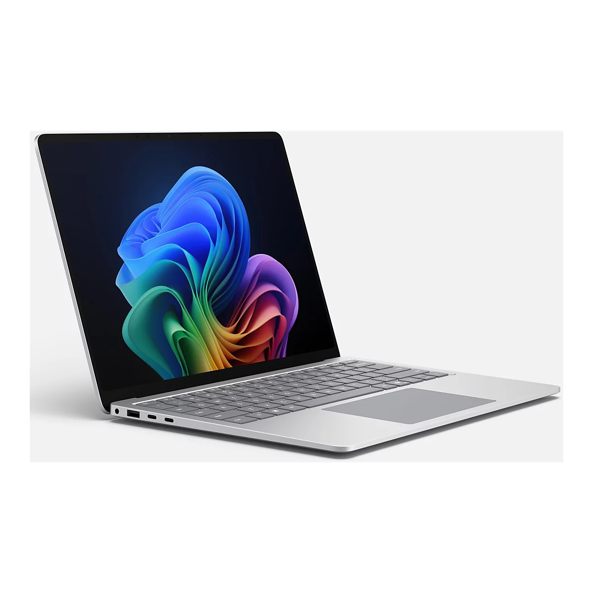 Silberfarbenes Laptop mit geÃ¶ffnetem Bildschirm, der ein farbenfrohes, abstraktes Muster zeigt. Die Tastatur und das Touchpad sind sichtbar.