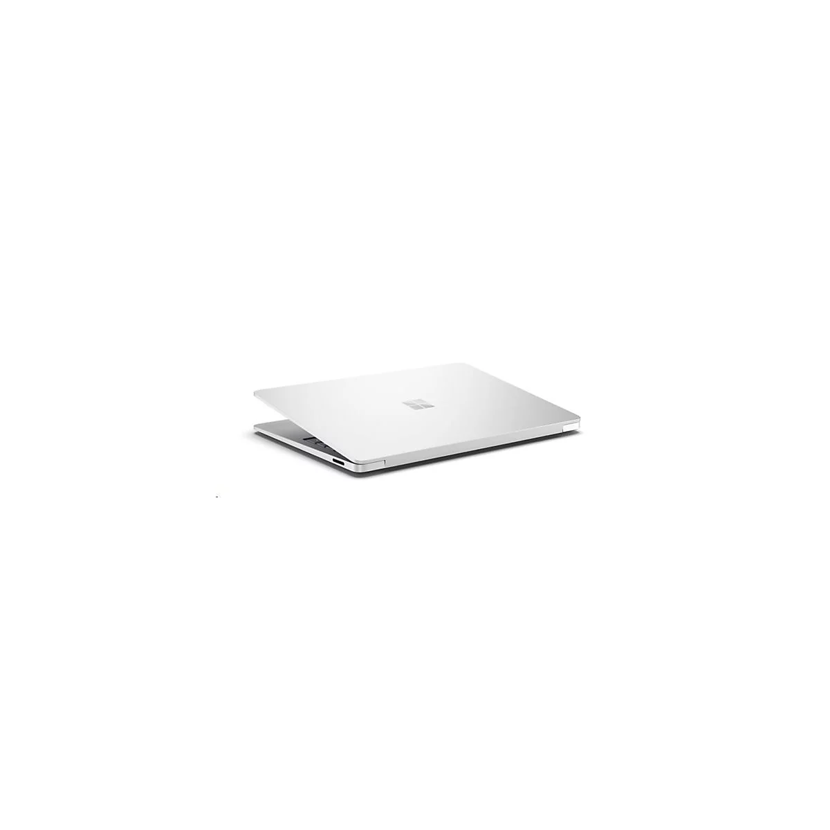 Ein geÃ¶ffnetes, silberfarbenes Laptop auf weiÃŸem Grund. Das Microsoft-Logo ist sichtbar.