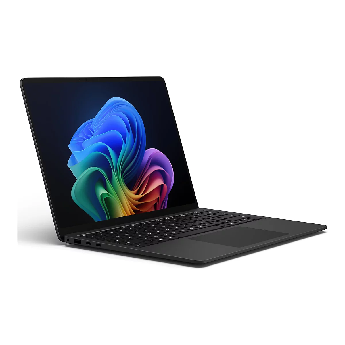 Ein schwarzer Laptop, der leicht geneigt auf einem weißen Hintergrund steht. Das Display zeigt ein farbenfrohes, abstraktes Hintergrundbild.