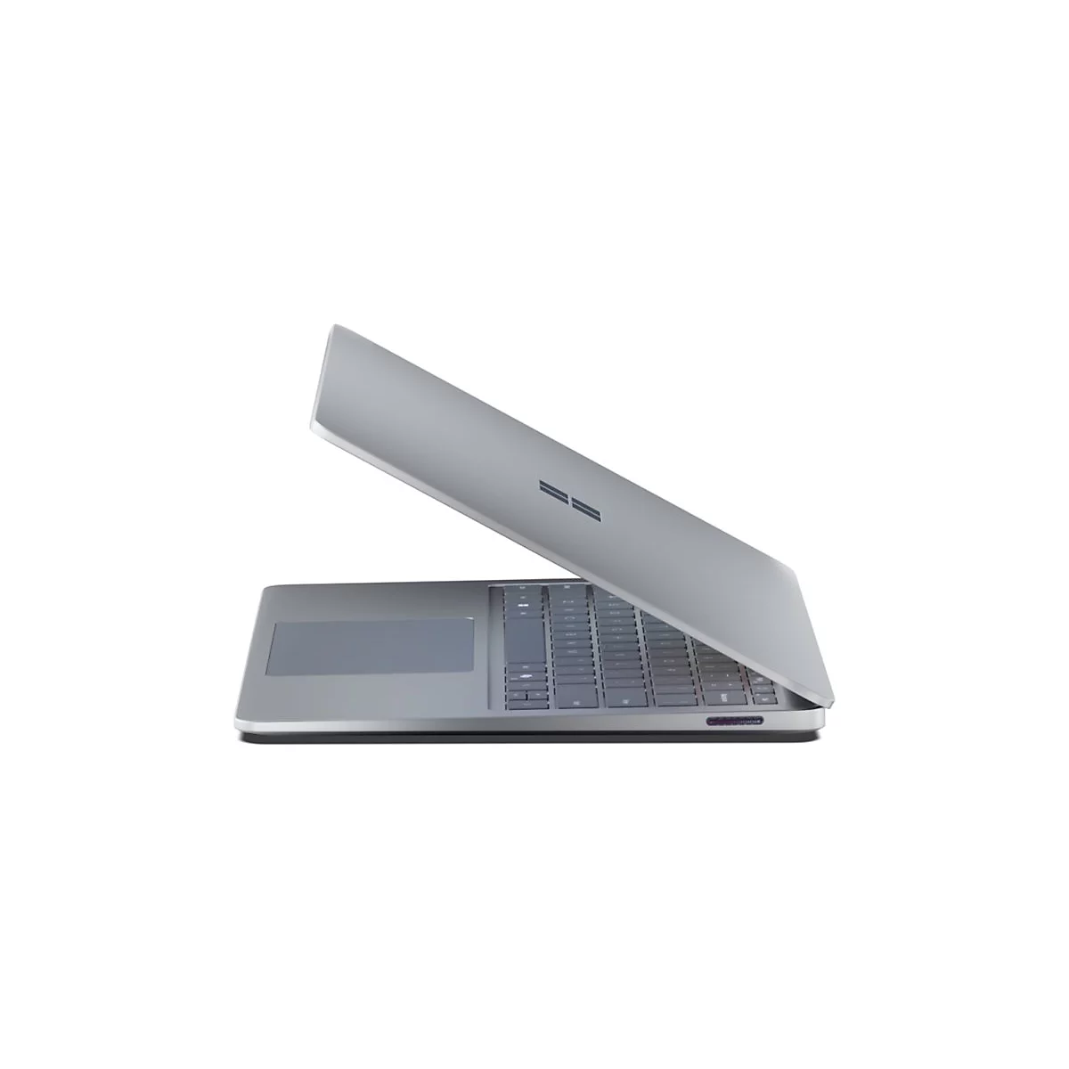 Ein silberfarbenes Laptop, leicht geÃ¶ffnet, auf weiÃŸem Hintergrund. Die Tastatur und das Touchpad sind sichtbar.