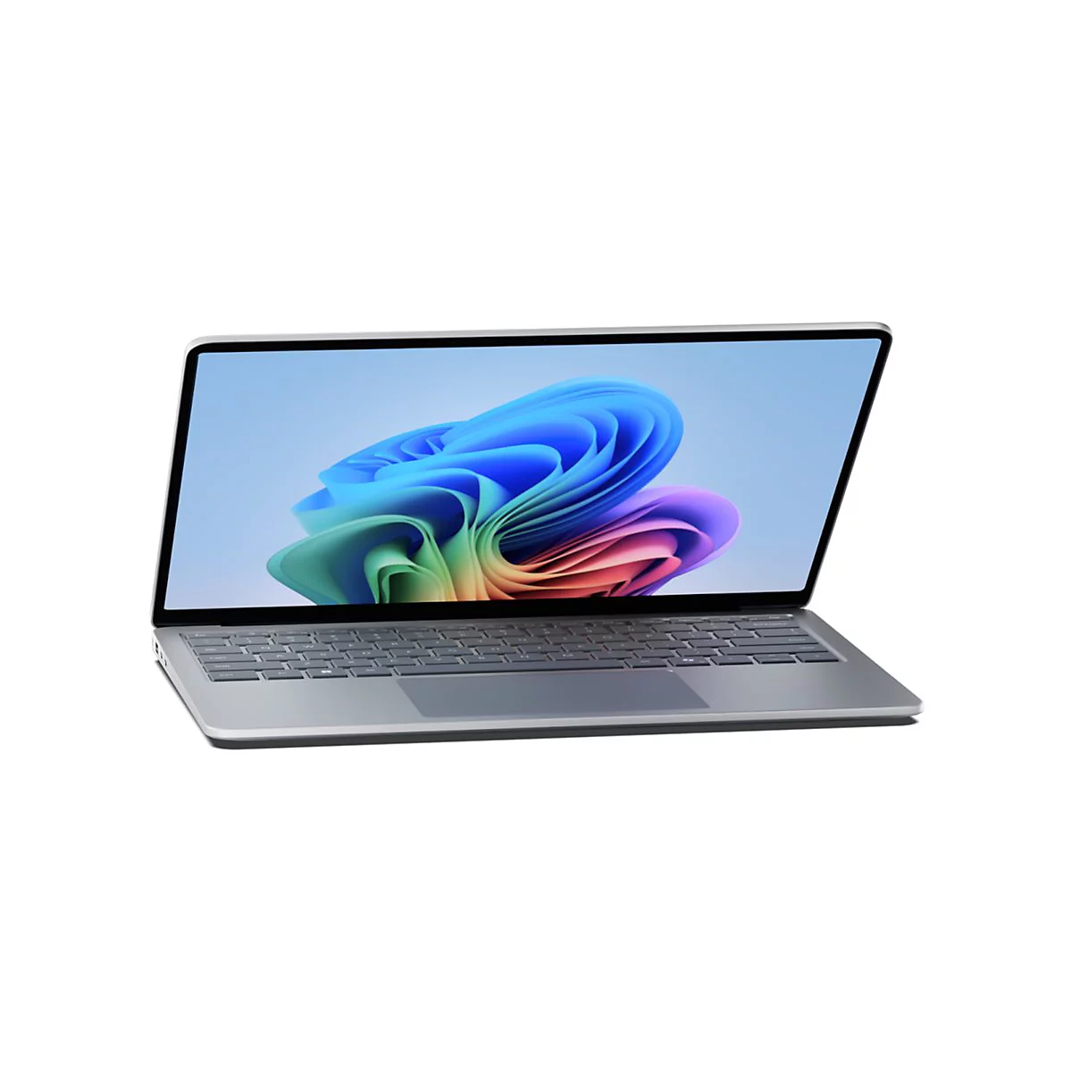 Graues Laptop-Modell. Auf dem Bildschirm ein farbenfrohes Design.