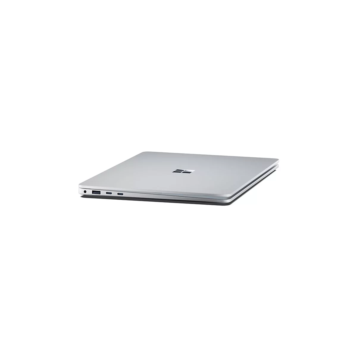 Ein silbernes, geschlossenes Laptop auf weiÃŸem Hintergrund. Auf der Oberseite ist ein Microsoft-Logo.