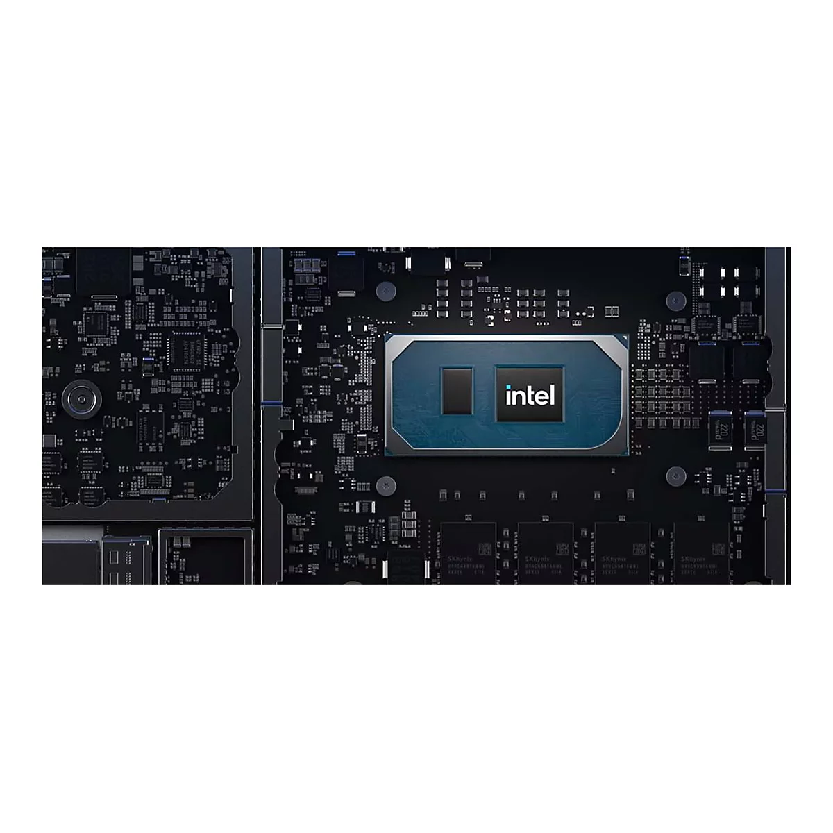 Detailaufnahme eines Computer-Motherboards mit einem Intel-Chip. Die Chip-Oberfläche ist blau und trägt den Schriftzug "intel".