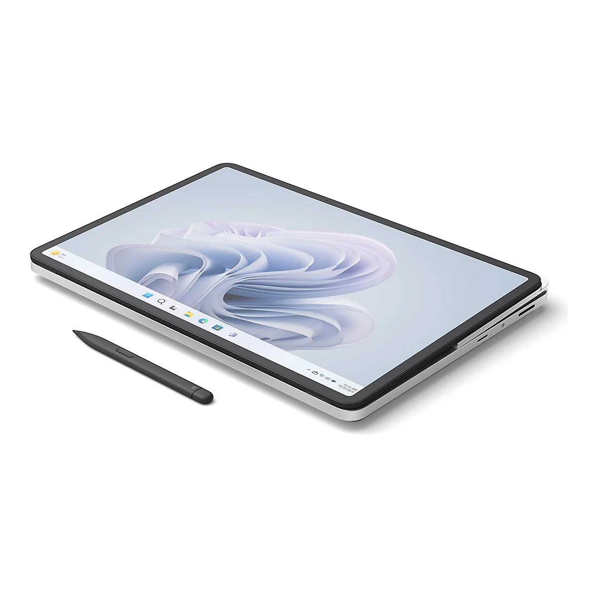 Ein silbernes Tablet mit schwarzem Rahmen und Stift auf weißem Grund.