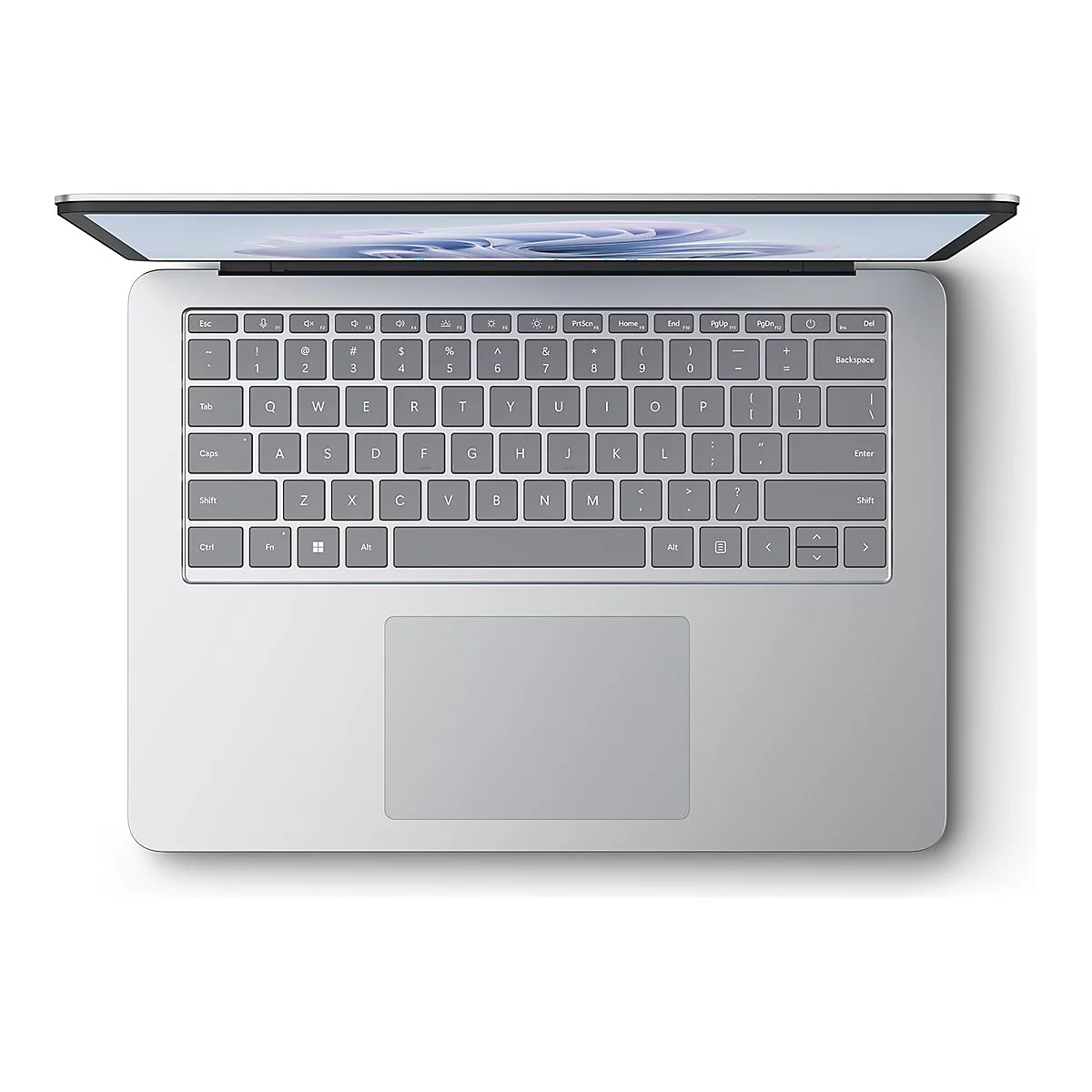 Graues Laptop von oben, Tasten und Touchpad deutlich erkennbar.