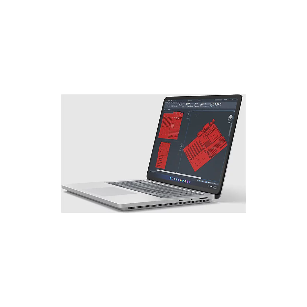 Grauer Laptop, der ein rotes CAD-Design einer Leiterplatte zeigt. Der Bildschirm ist leicht geöffnet.