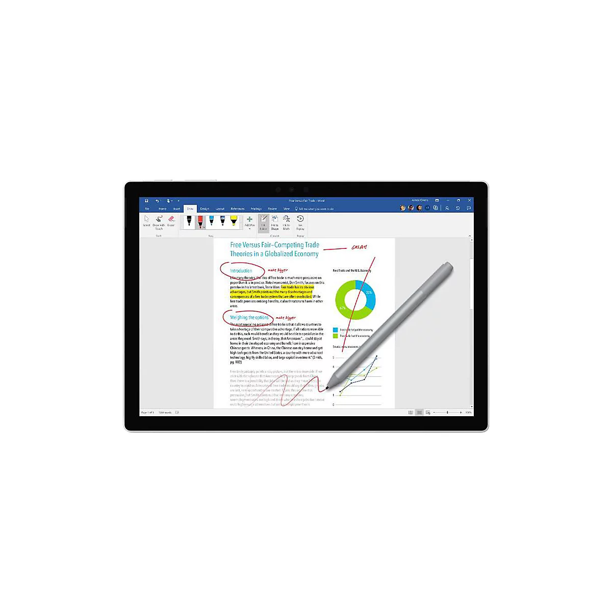 Une tablette grise affiche un document avec des notes manuscrites. Un stylet argenté repose sur l'écran.