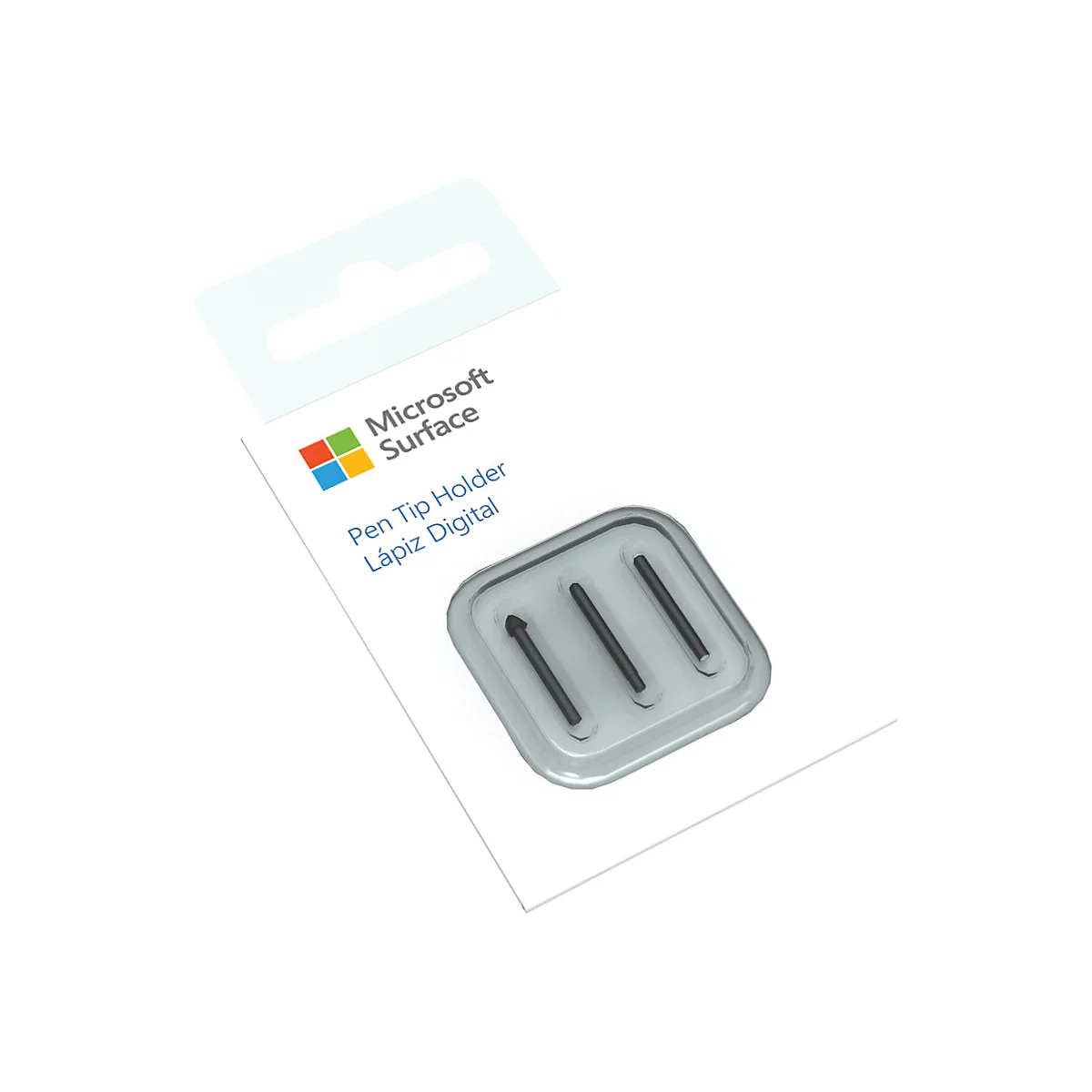 Emballage du produit avec le support de pointe de stylet Microsoft Surface. Le support en plastique gris contient trois stylos sur fond blanc.