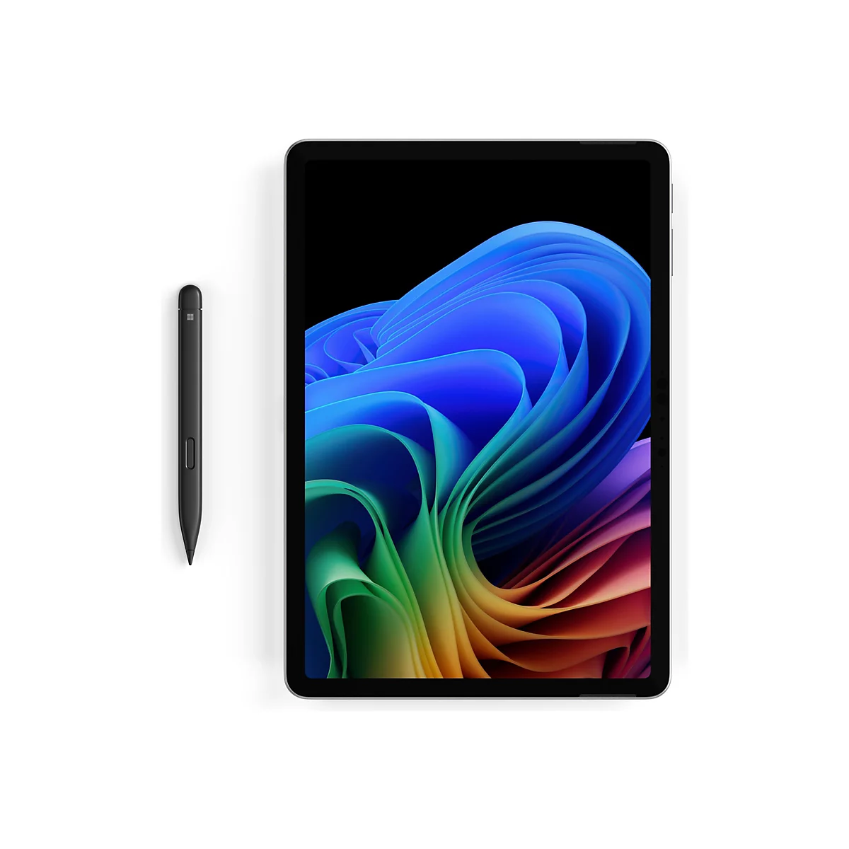 Draufsicht eines Tablets und eines schwarzen Stifts. Das Tablet zeigt ein farbenfrohes, abstraktes Design. Der Stift liegt links daneben.