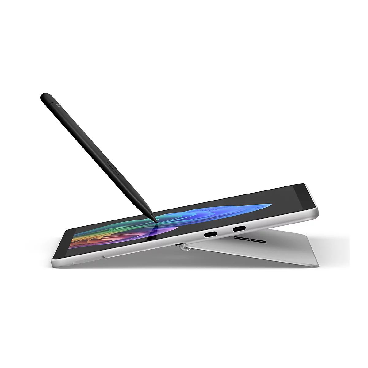 Ein Tablet mit schwarzem Stift, Display zeigt bunte Formen, Tablet ist leicht angewinkelt.