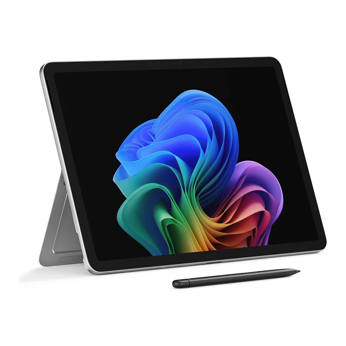 Ein silberfarbenes Tablet mit einem schwarzen Bildschirm, auf dem eine abstrakte, farbenfrohe Grafik zu sehen ist. Ein schwarzer Stift liegt darunter.