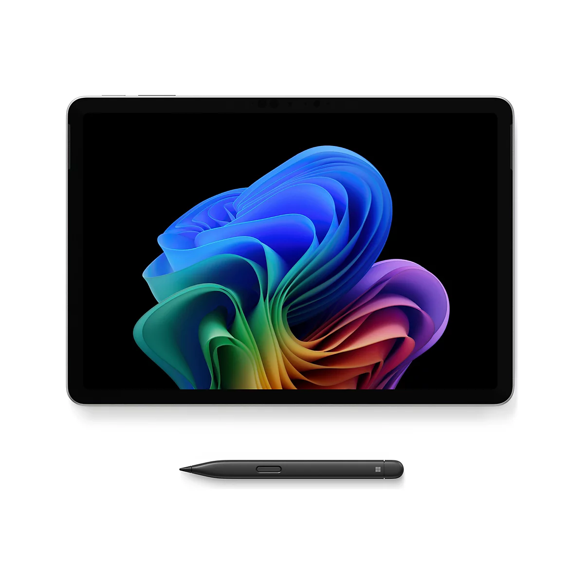 Draufsicht auf Tablet mit Stift. Auf dem Bildschirm abstraktes Design in Regenbogenfarben.