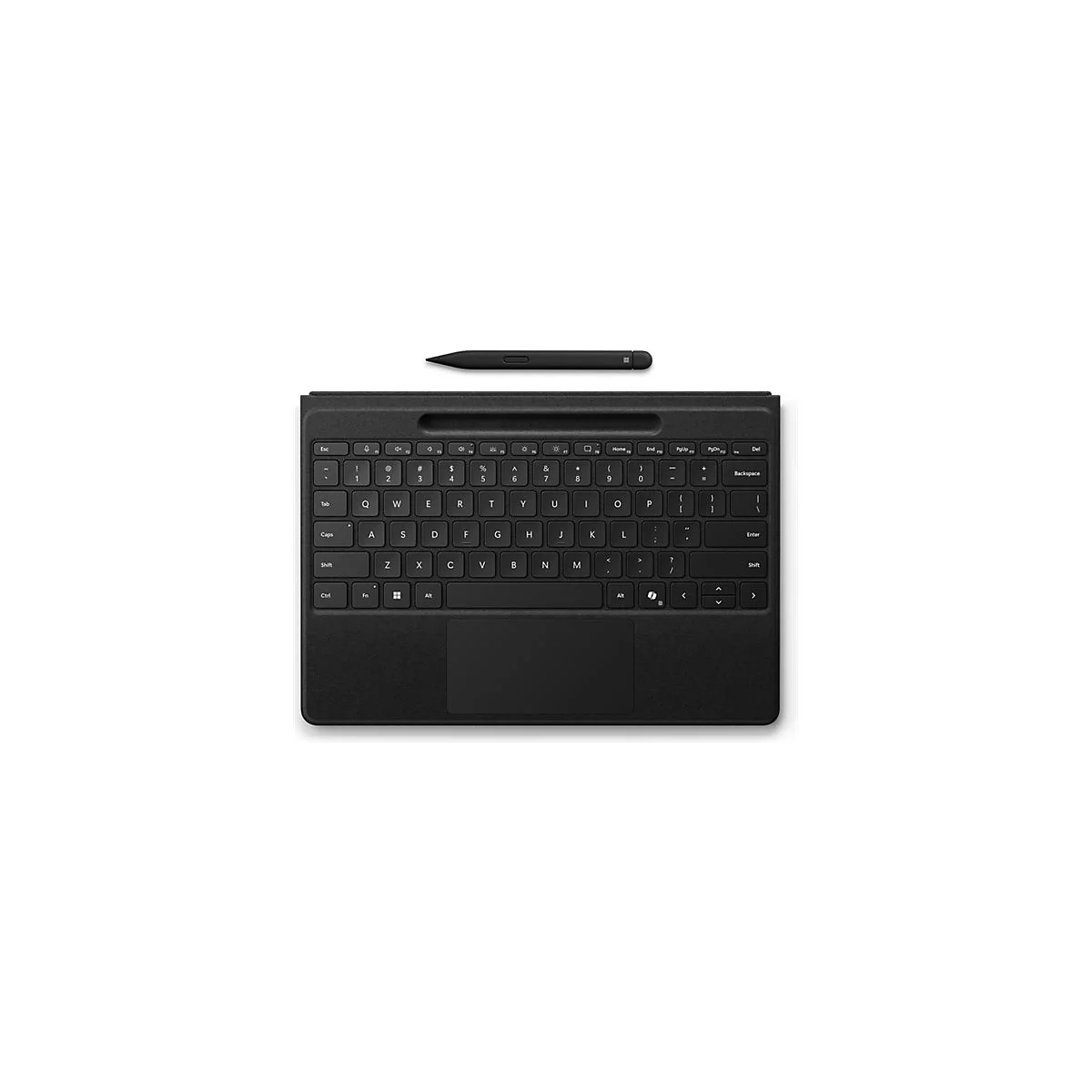 Clavier noir avec stylet, vue de dessus. Le clavier a un pavé tactile et le stylet est au-dessus.