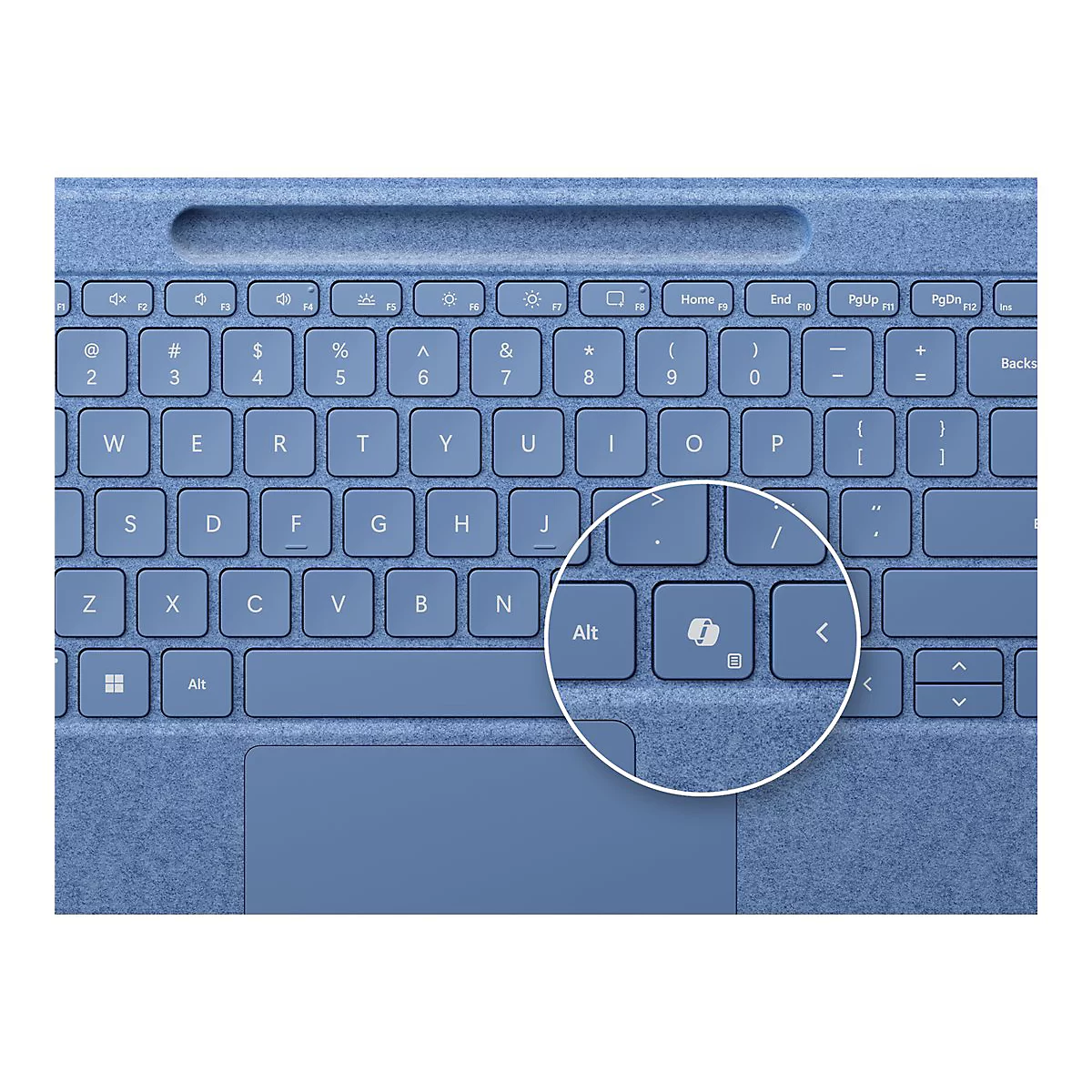 Nahaufnahme einer blauen Tastatur mit einer kreisförmigen Hervorhebung der Copilot-Taste.