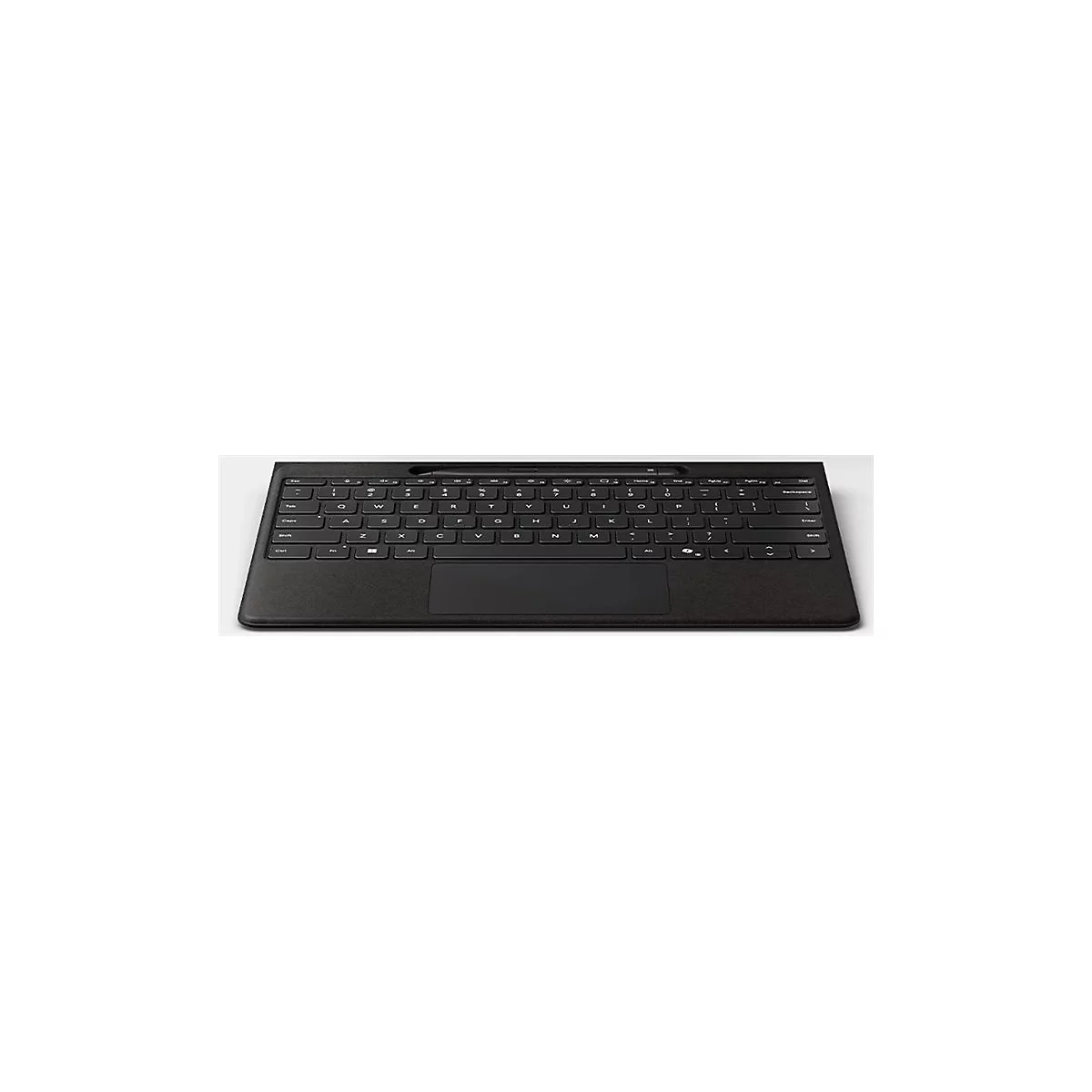 Schwarzes Tablet-Tastatur-Cover mit integriertem Touchpad und Stift-Halterung vor neutralem Hintergrund.
