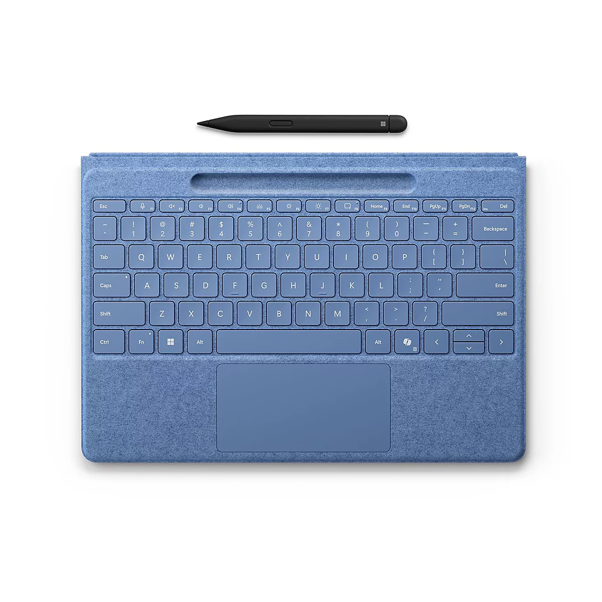 Hellblaue Microsoft Surface Tastatur mit Touchpad und schwarzem Stift vor weißem Hintergrund.