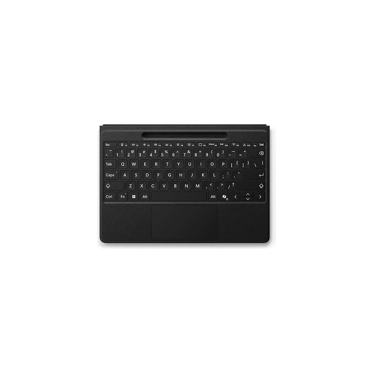Draufsicht einer schwarzen, schlanken Tastatur mit Trackpad und einer Aussparung für einen Stift oberhalb der Tasten.