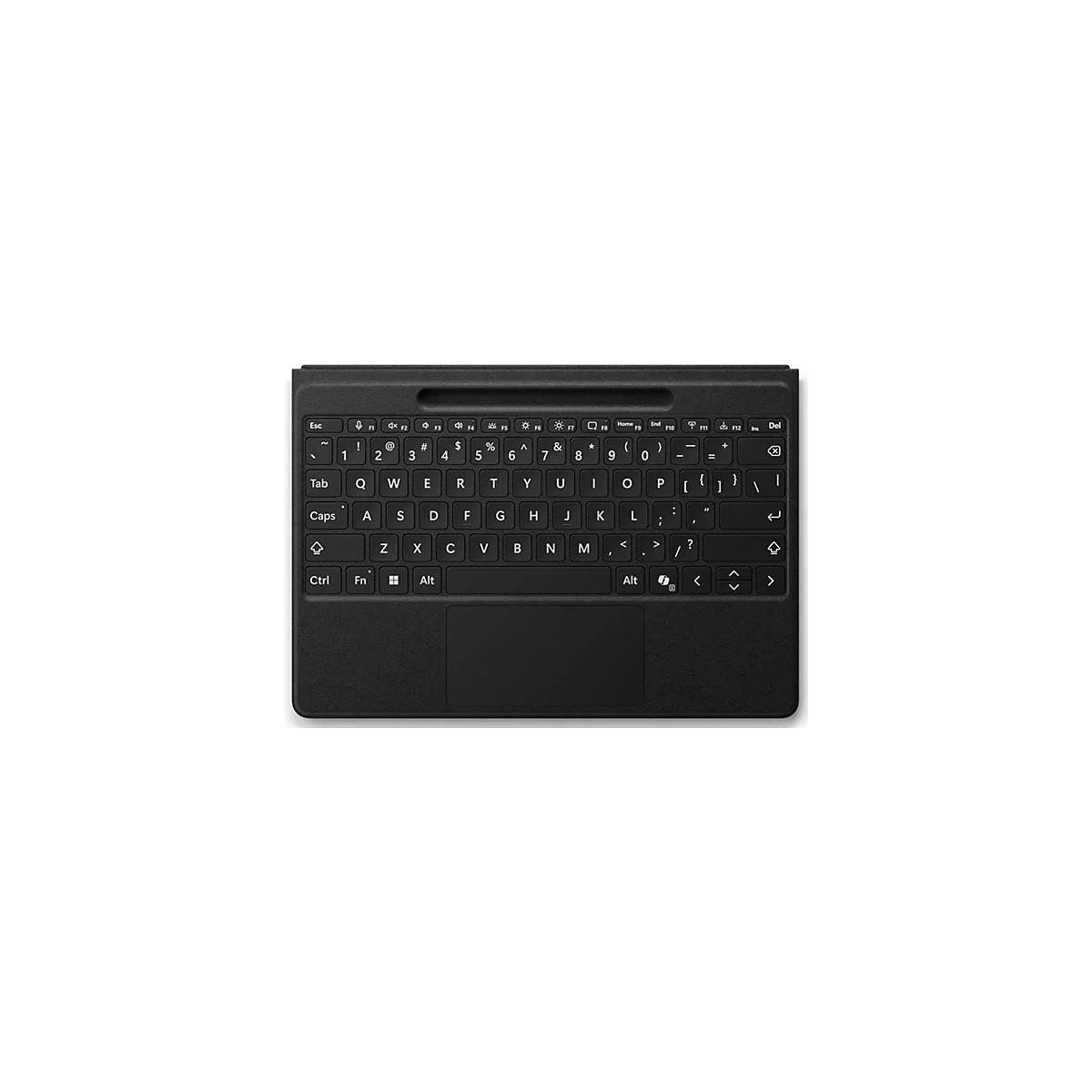 Schwarze Tablet-Tastatur mit Touchpad in der Draufsicht auf weißem Hintergrund.