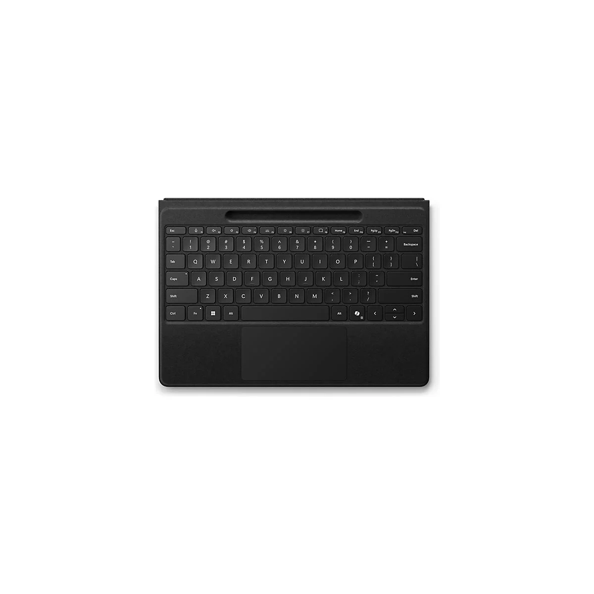 Schwarzes Tablet-Tastatur-Cover mit Touchpad und Stiftablage in der Ansicht von oben.