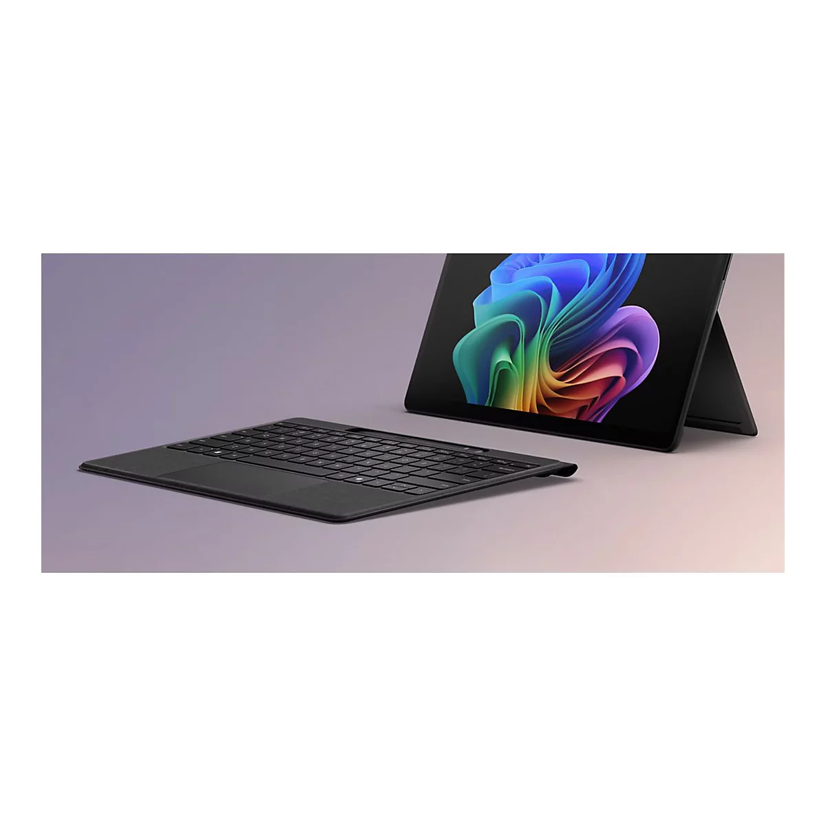Schwarzes Tablet mit Tastatur. Der Bildschirm zeigt bunte Wirbel. Die Tastatur liegt davor.