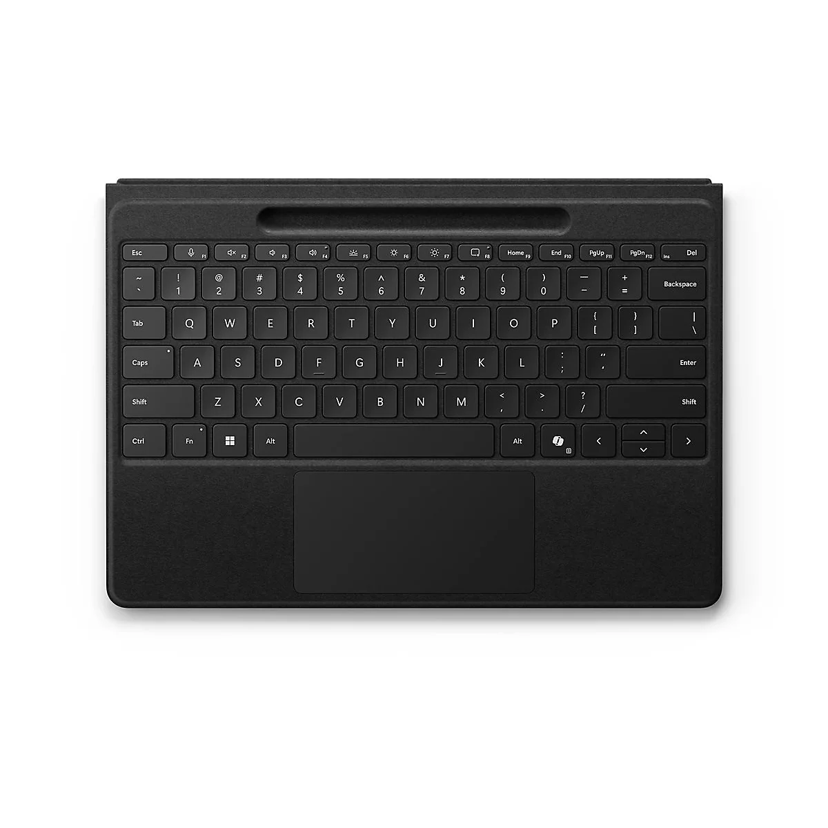 Schwarze Tastatur mit Touchpad. Tastenbeschriftung: Buchstaben, Ziffern, Sonderzeichen.