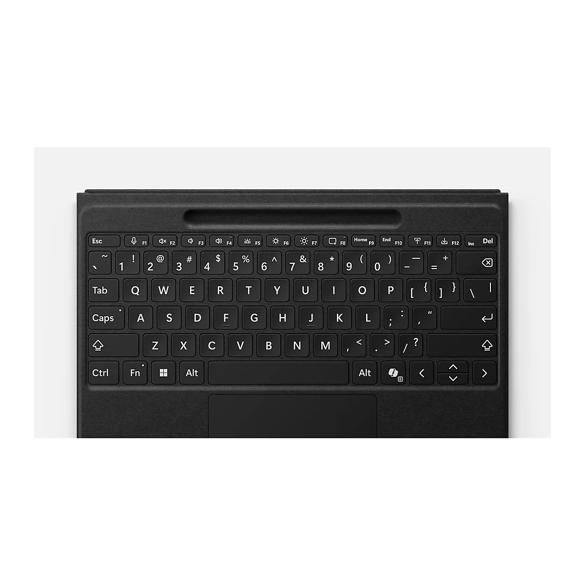 Schwarze Tastatur-Abdeckung für ein Tablet von oben gesehen, mit Fokus auf die Tasten und eine Stiftmulde.