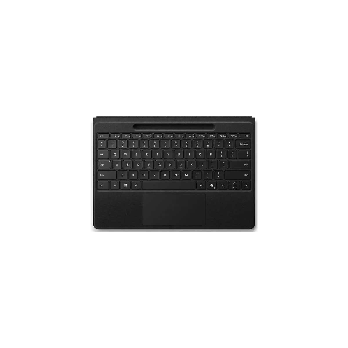Schwarzes Tablet-Tastatur-Cover mit Touchpad in der Draufsicht auf weißem Hintergrund.