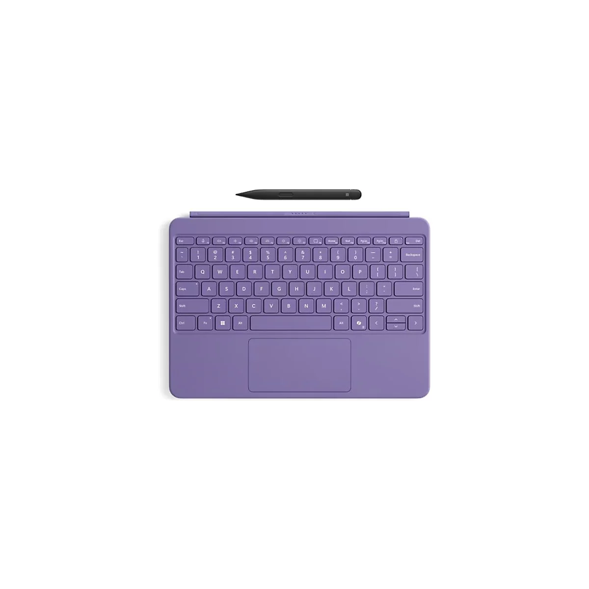Lila Microsoft Surface Tastatur mit QWERTY-Layout und schwarzem Eingabestift auf weißem Hintergrund.