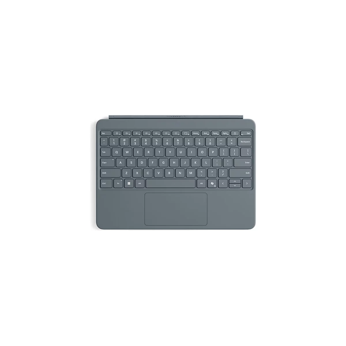 Draufsicht einer grauen Tablet-Tastatur mit integriertem Touchpad auf weißem Hintergrund.