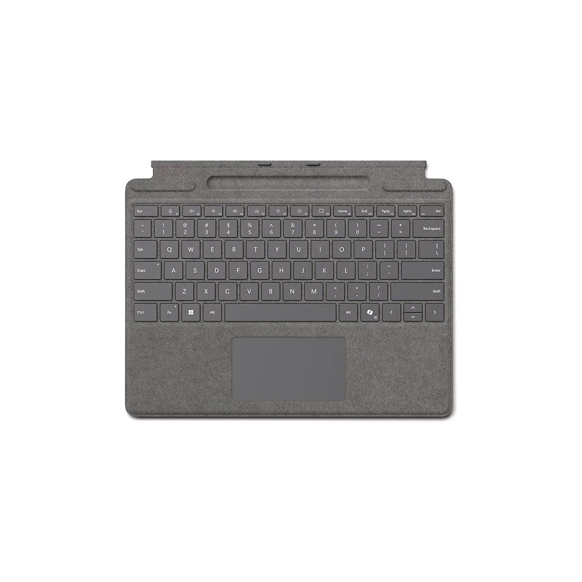 Draufsicht auf eine graue Microsoft Surface Tastatur mit Touchpad vor weißem Hintergrund.