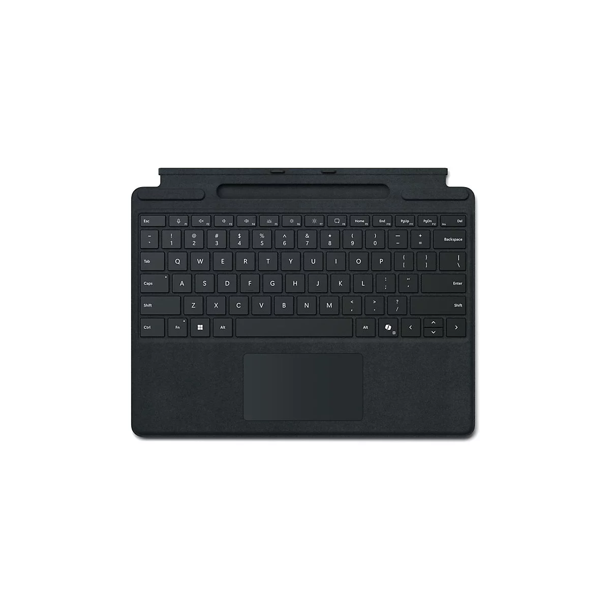 Draufsicht auf eine schwarze Tastatur, darunter ein Trackpad. Buchstaben, Zahlen und Sonderzeichen sind auf den Tasten zu sehen.