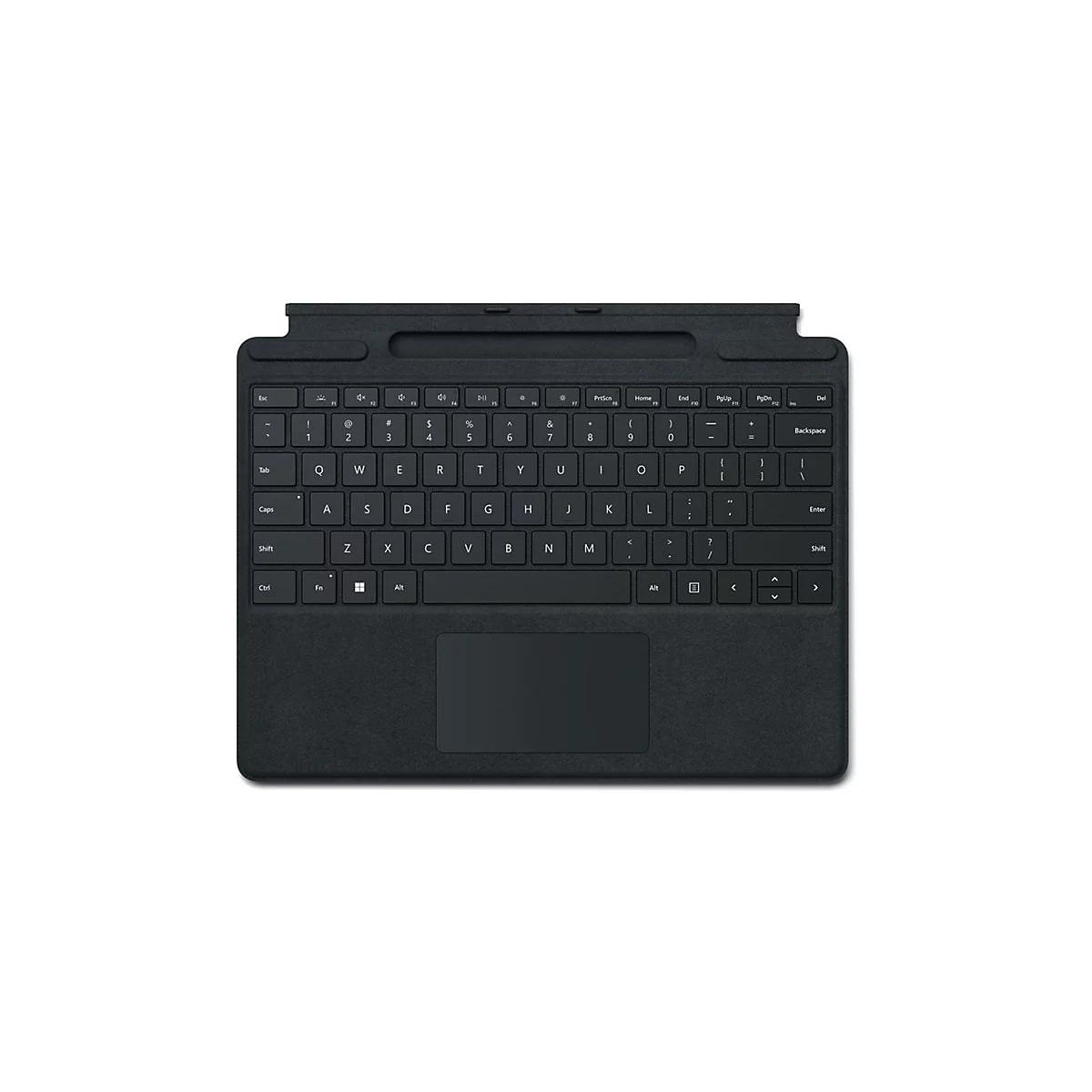 Draufsicht auf eine schwarze Tastatur, eingebettet in ein Gehäuse mit einem eingebauten Touchpad.