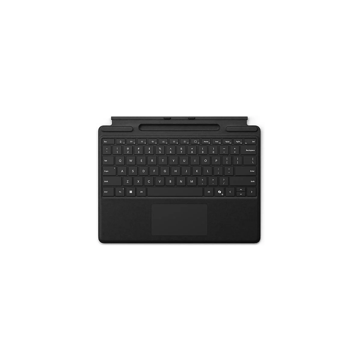 Schwarze Surface-Tastatur mit QWERTY-Layout und integriertem Touchpad in der Draufsicht.