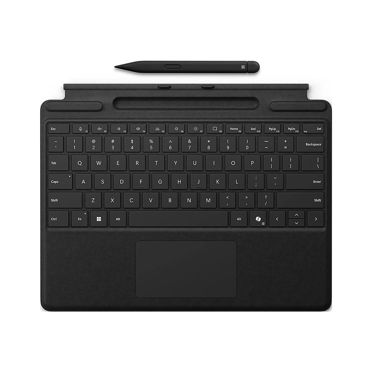 Schwarze Tastatur mit Touchpad, darauf ein schwarzer Eingabestift. Hintergrund weiß.