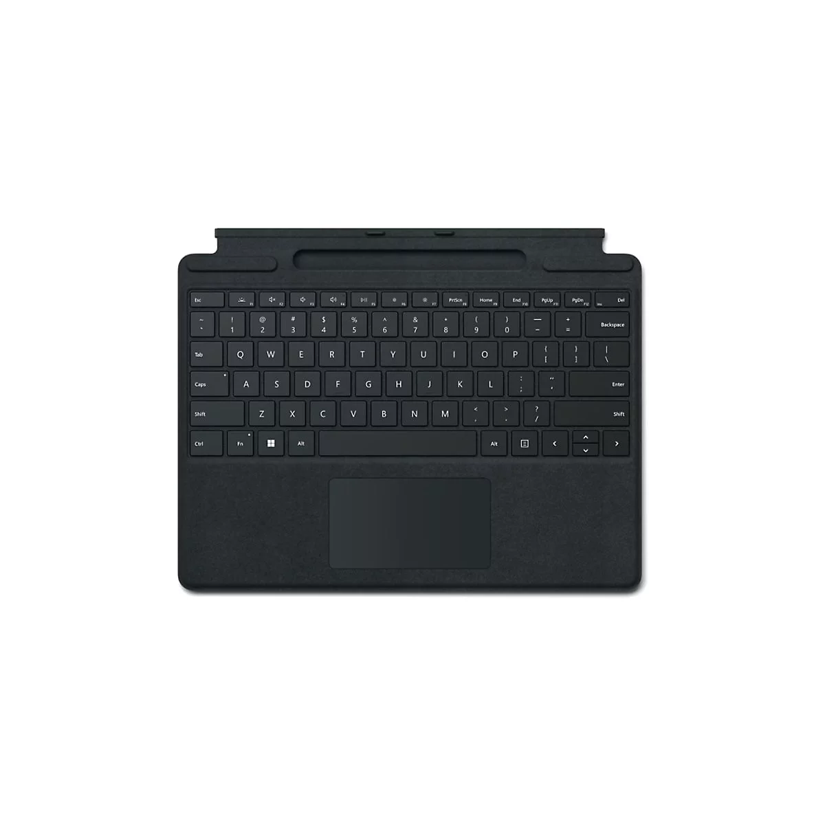 Schwarzes Microsoft Surface Keyboard mit Touchpad vor weißem Hintergrund.