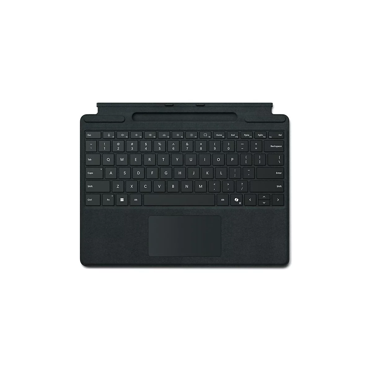 Schwarze Tastatur mit Touchpad, Tastenbeschriftung.