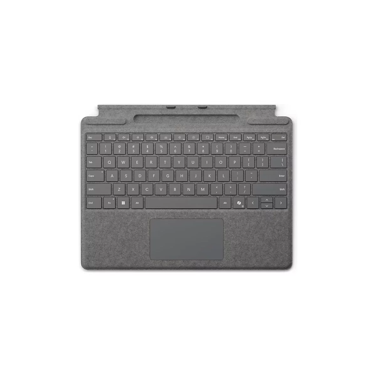 Graue Microsoft Surface Signature Tastatur in Draufsicht mit Stoffoberfläche und Trackpad.