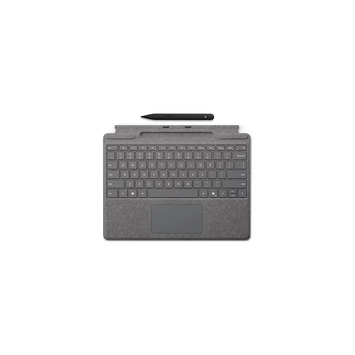 Draufsicht einer grauen Microsoft Surface Signature Tastatur mit einem schwarzen digitalen Eingabestift darüber.