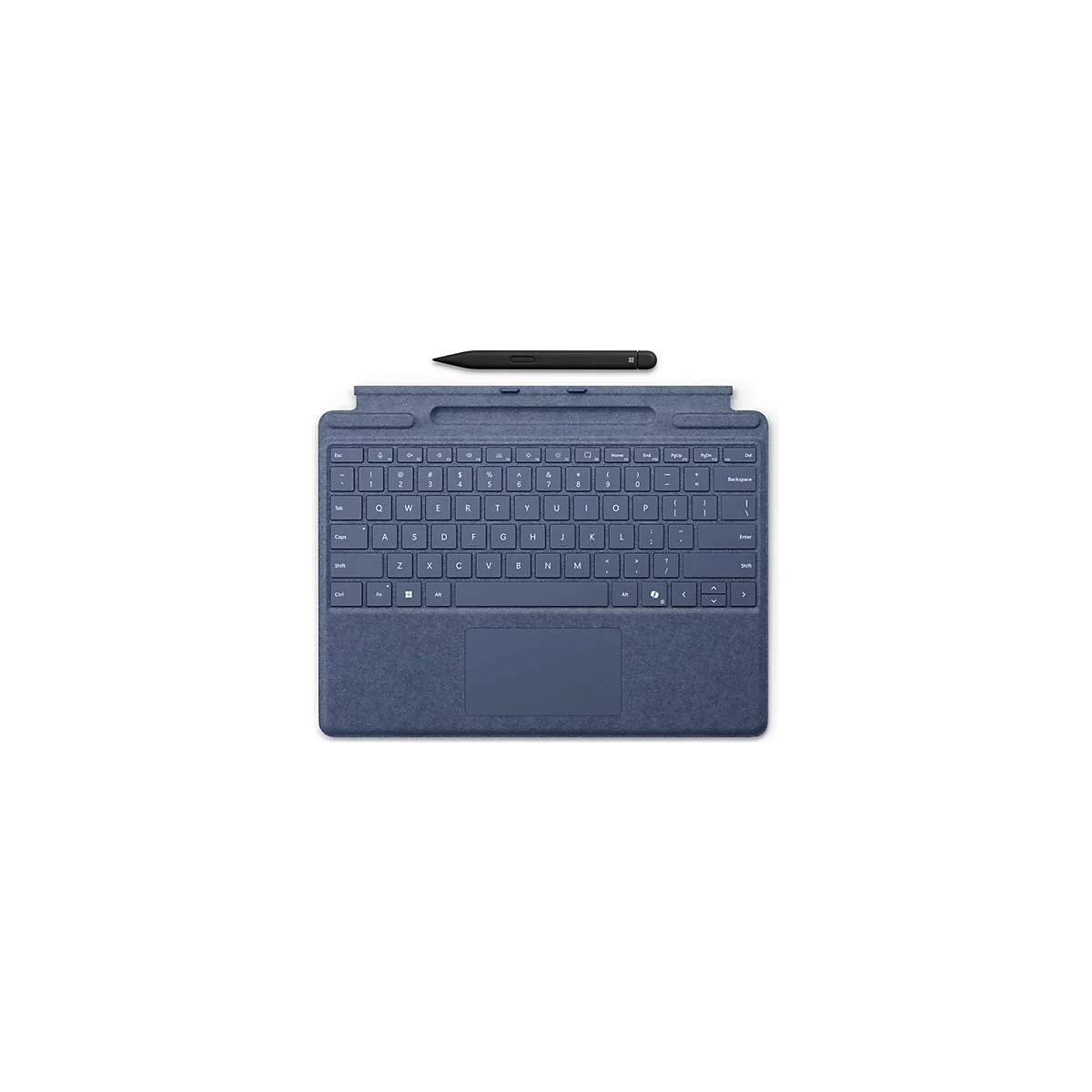 Dunkelblaues Microsoft Surface Type Cover mit Tastatur und Trackpad sowie einem passenden Eingabestift darüber.