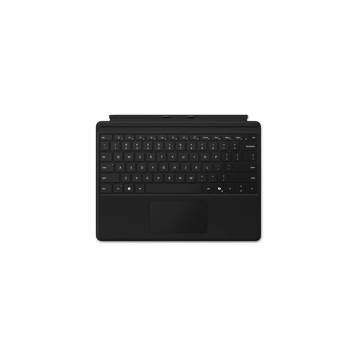 Schwarzes Microsoft Surface Keyboard mit QWERTY-Tastenlayout und integriertem Touchpad auf weißem Hintergrund.