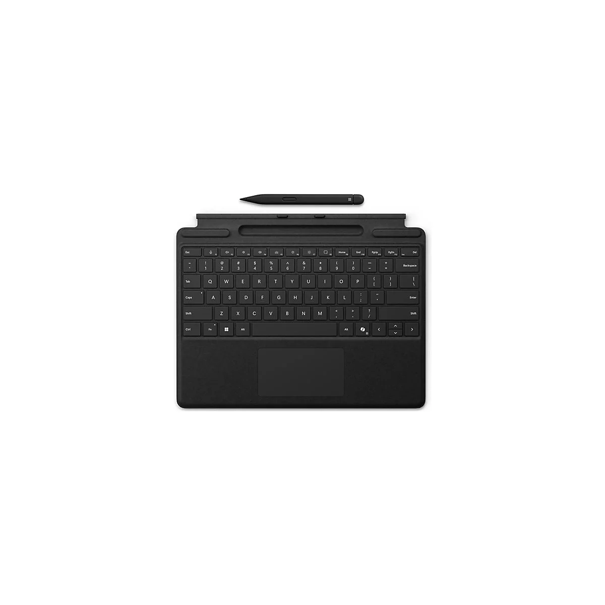 Schwarze Surface Tastatur mit Touchpad und Eingabestift vor weißem Hintergrund.