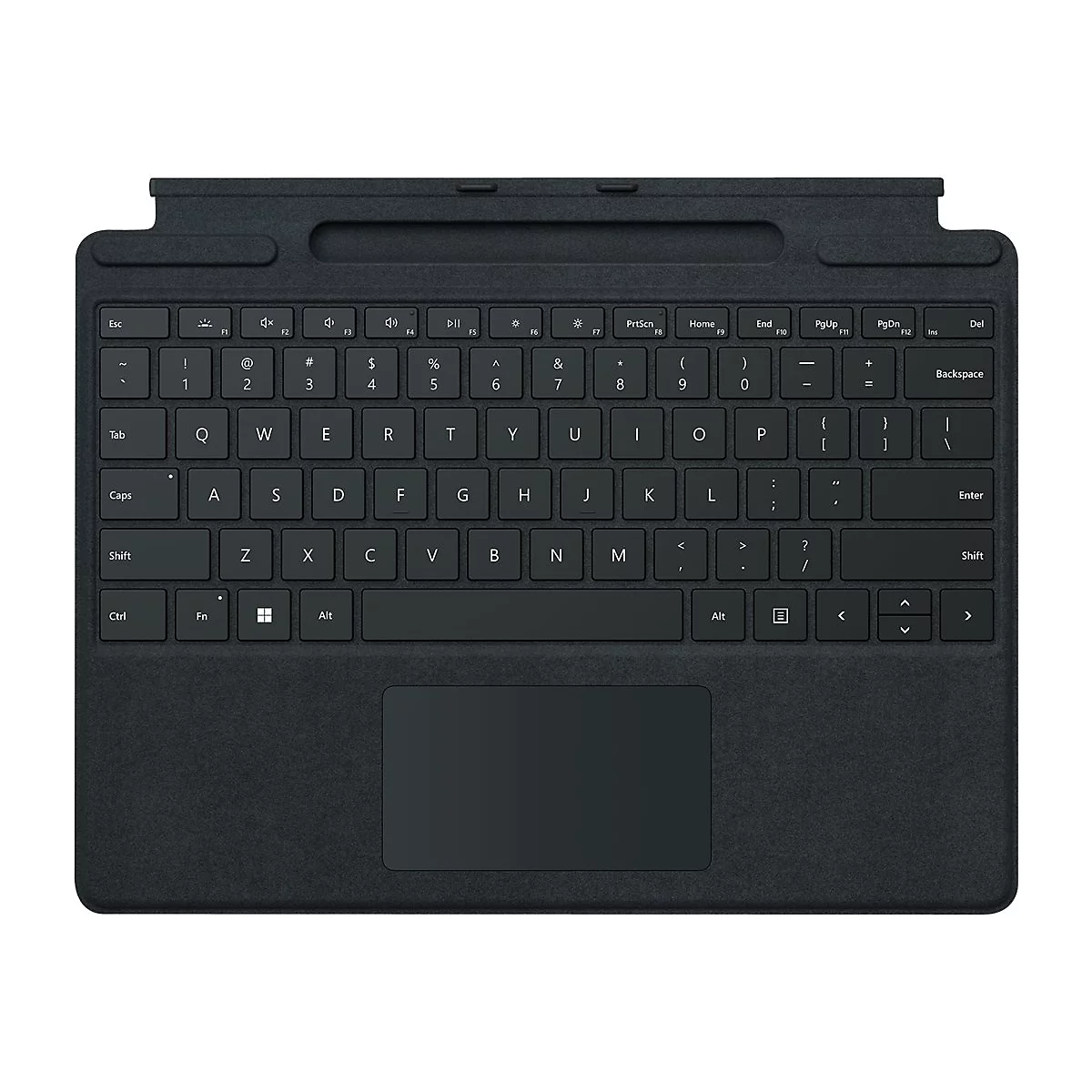 Dunkle Tastaturansicht. Auf der Oberseite sind Tasten für die Funktionen Esc, F1-F12, und Delete vorhanden. Eine zweite Ebene enthält das QWERTZ-Layout mit Sondertasten und ein Touchpad.
